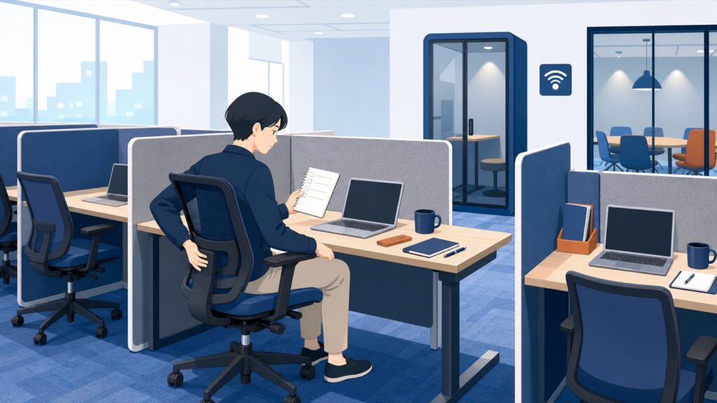 仕切られたコワーキングスペースで椅子の座り心地や設備を確認するイラスト