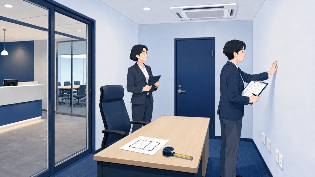 レンタルオフィスの内覧で個室の広さ、防音、空調、電源を確認するイラスト