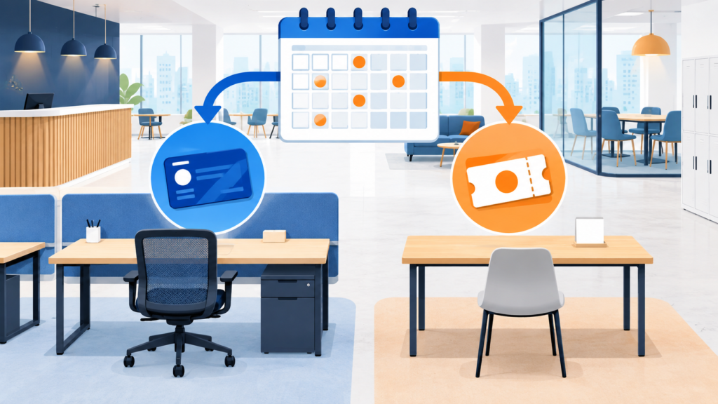 月額契約とドロップイン利用を比較するコワーキングスペースのイラスト
